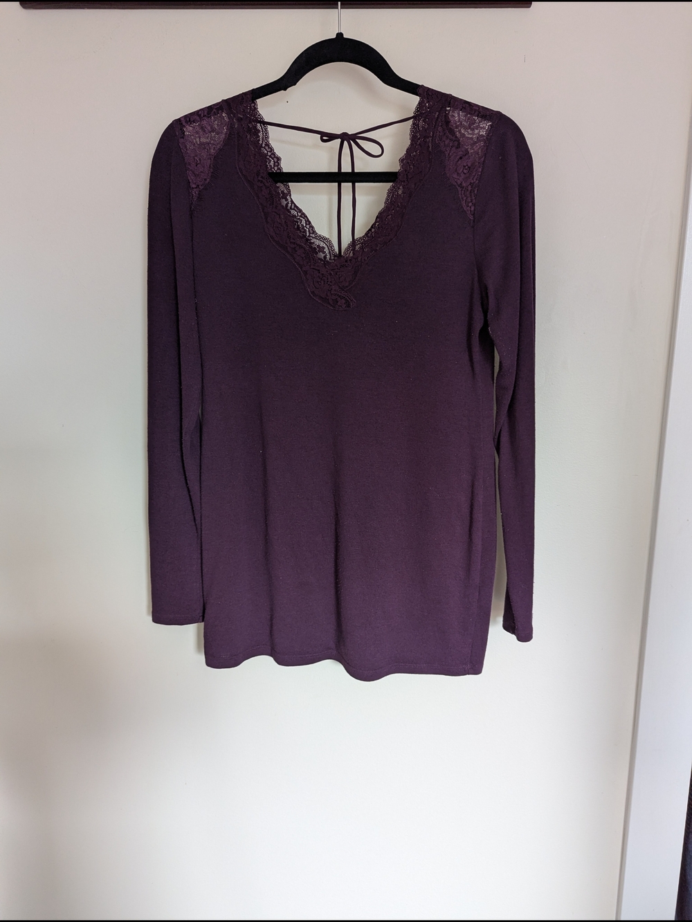 Maternity Lace-Trim V-Neck Long Sleeve Top in Plum